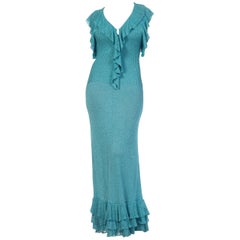 1970S Teal Rayon Blend Knit Sexy Ruffled Maxi Dress With Pretty Glass Buttons