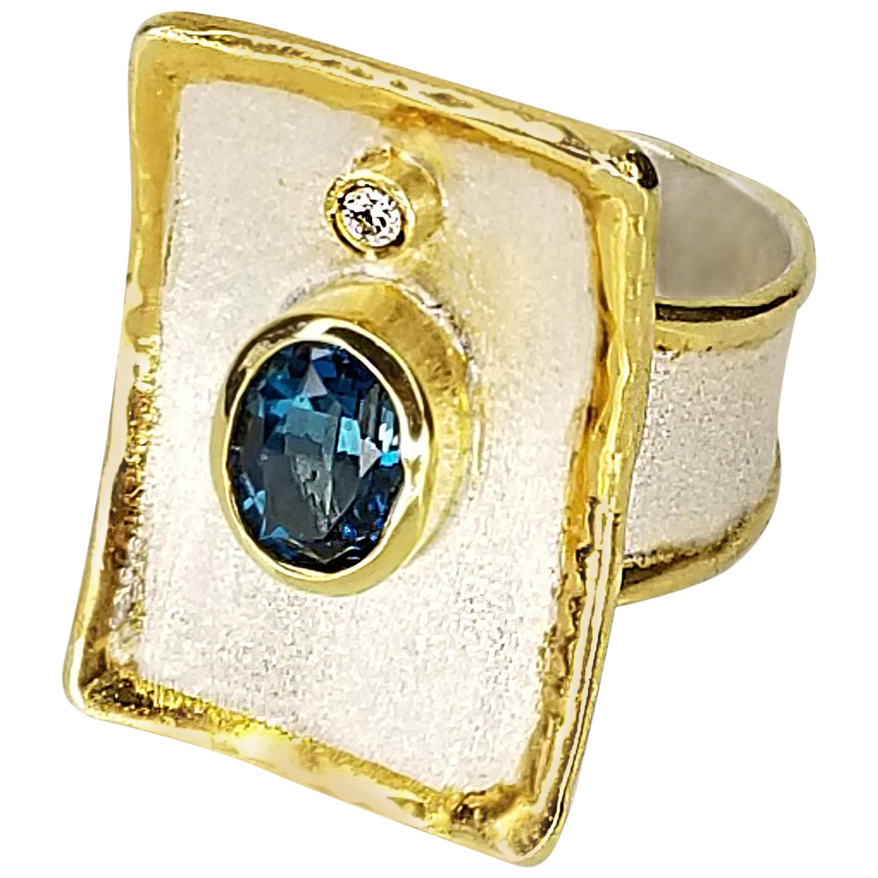 Yianni Creations Fine Silver and Gold 1.60 Carat London Blue Topaz Diamond Ring For Sale