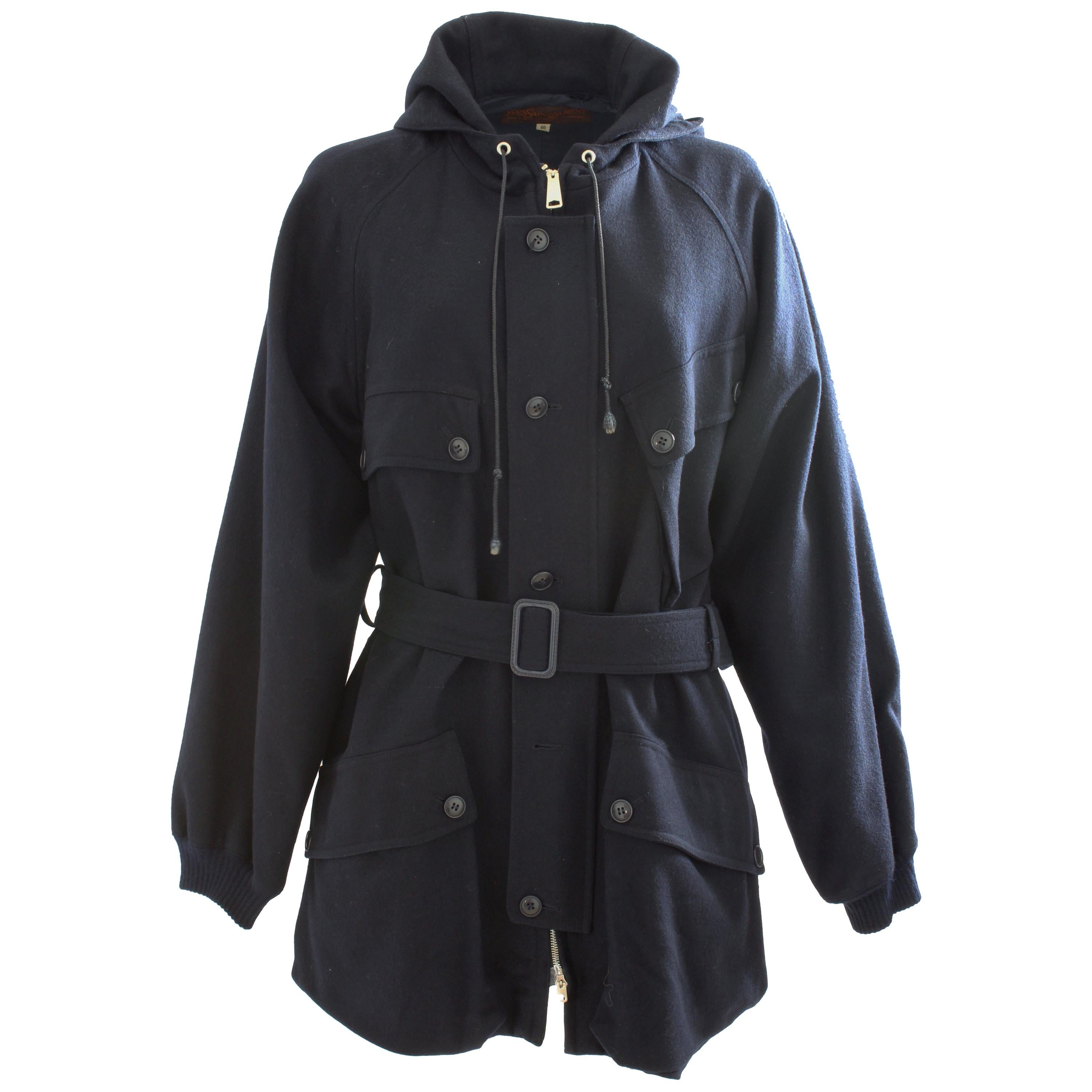 70s Yves Saint Laurent Navy Wool Belted Coat with Hood YSL sz 40