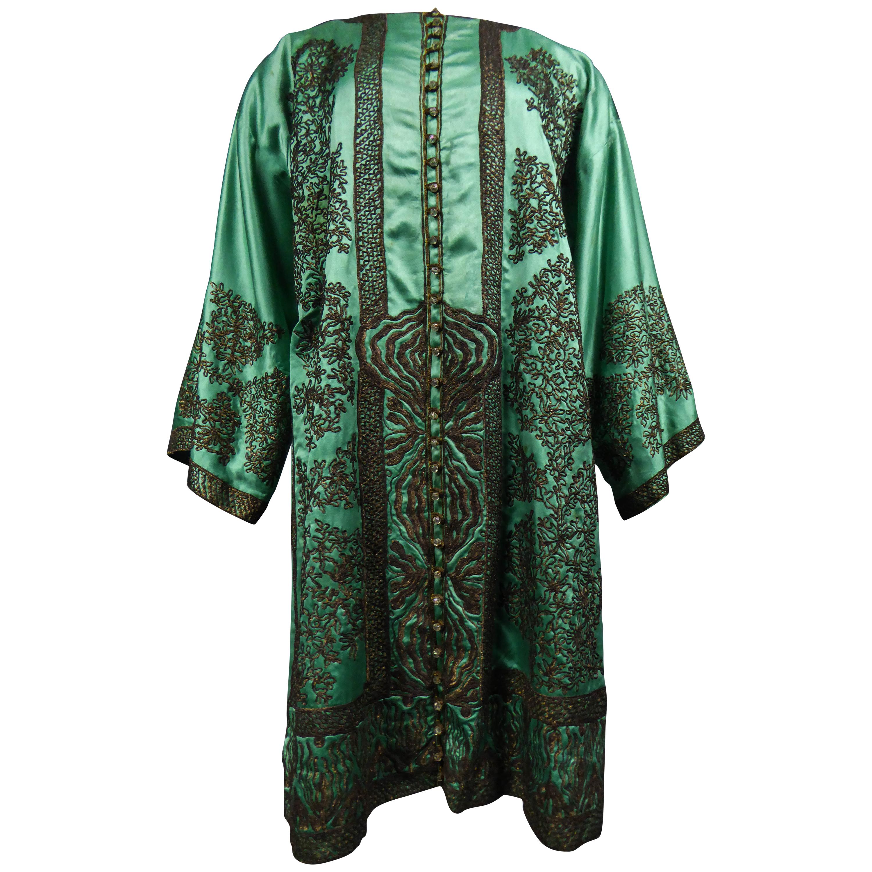 Babani Couture Kaftan or Party Kimono in green satin with appliqué, circa 1915