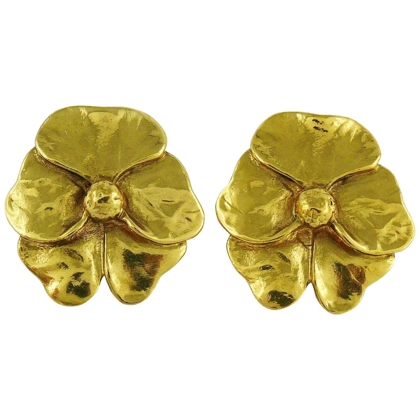 Yves Saint Laurent YSL Gold Toned Pansy Clip On Earrings