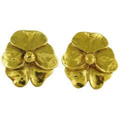 Yves Saint Laurent YSL Gold Toned Pansy Clip On Earrings