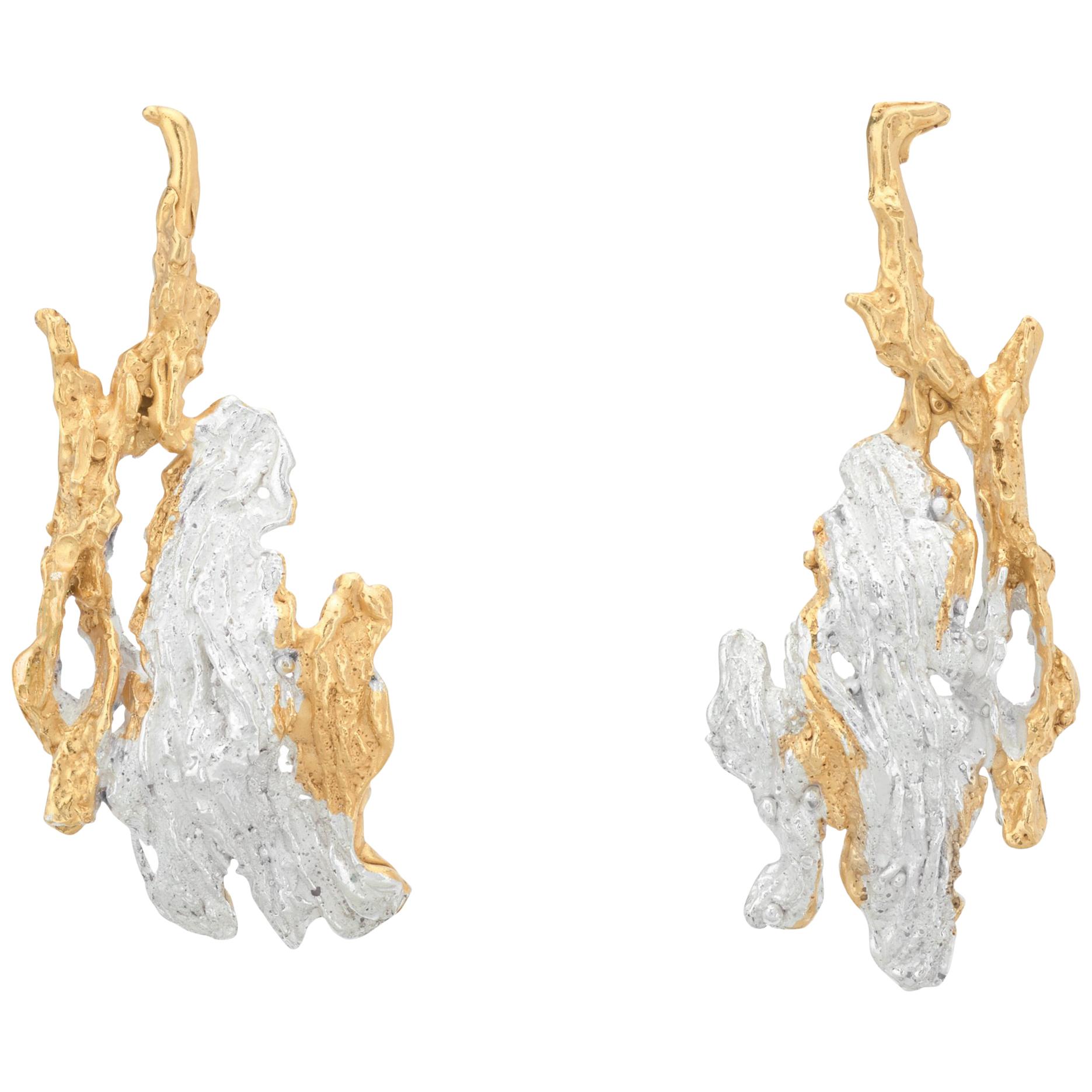 Loveness Lee - Sequoia -  Small Gold and Silver Drop Textured Earrings For Sale