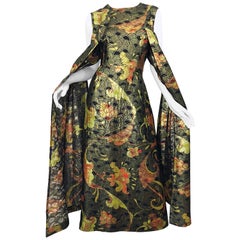 Incredible 1960s Silk Asian Print Chartreuse Vintage 60s Maxi Dress / Gown