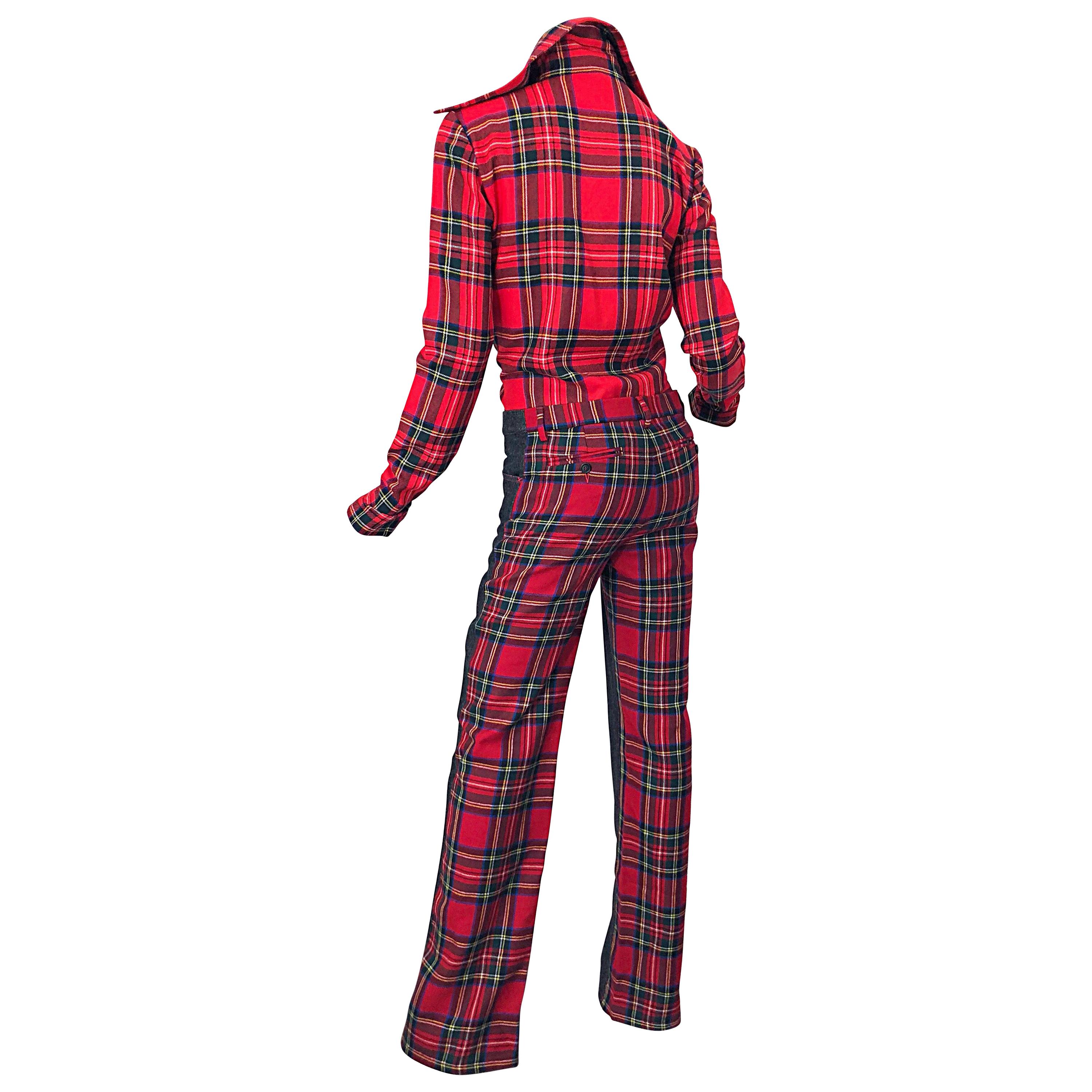 Rare 1990s Dolce & Gabbana Red Tartan Plaid Wool + Denim Flared Jeans and Shirt For Sale