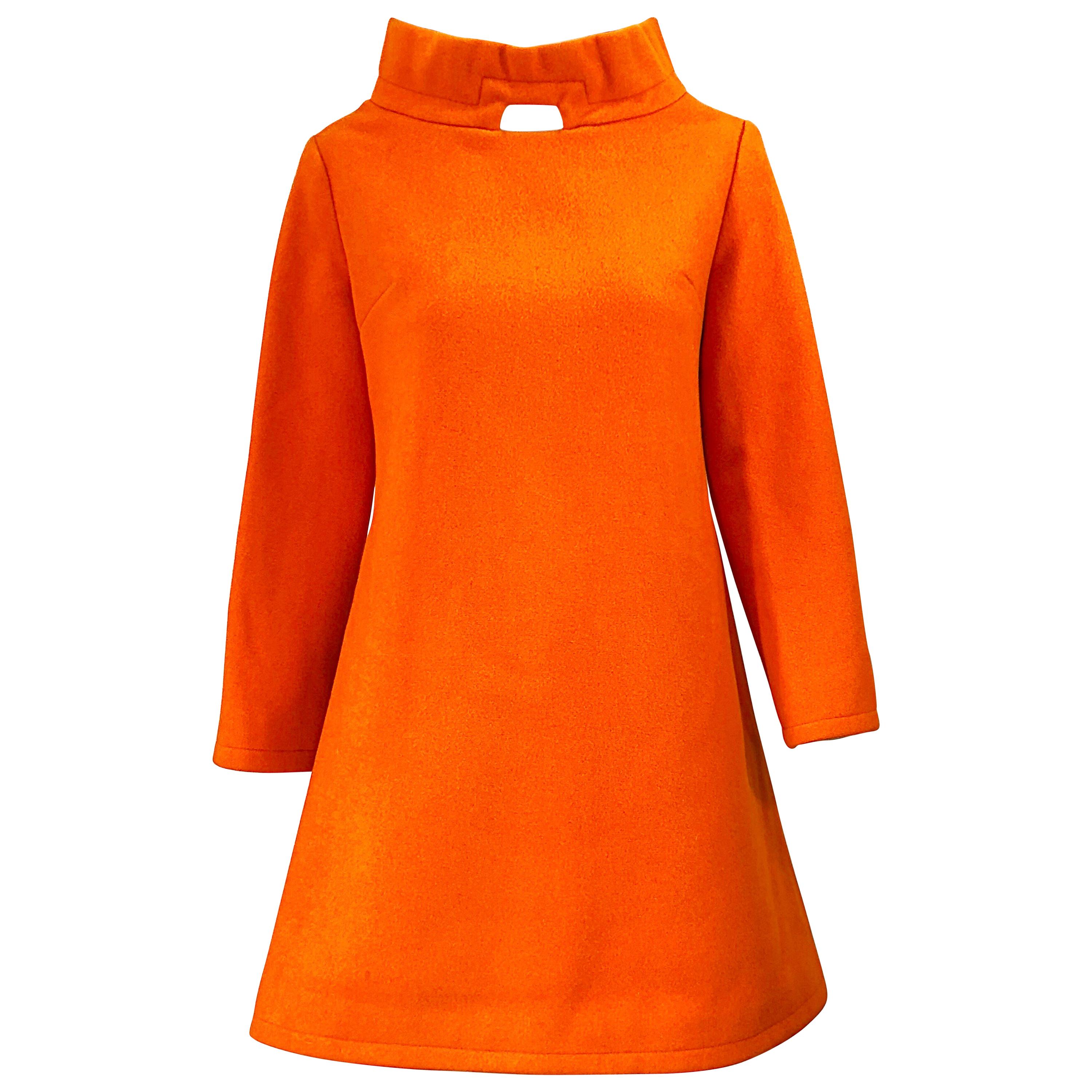 Chic 1960s Orange Wool Mod Space Age Cut Out A Line Vintage 60s Mini Dress Tunic