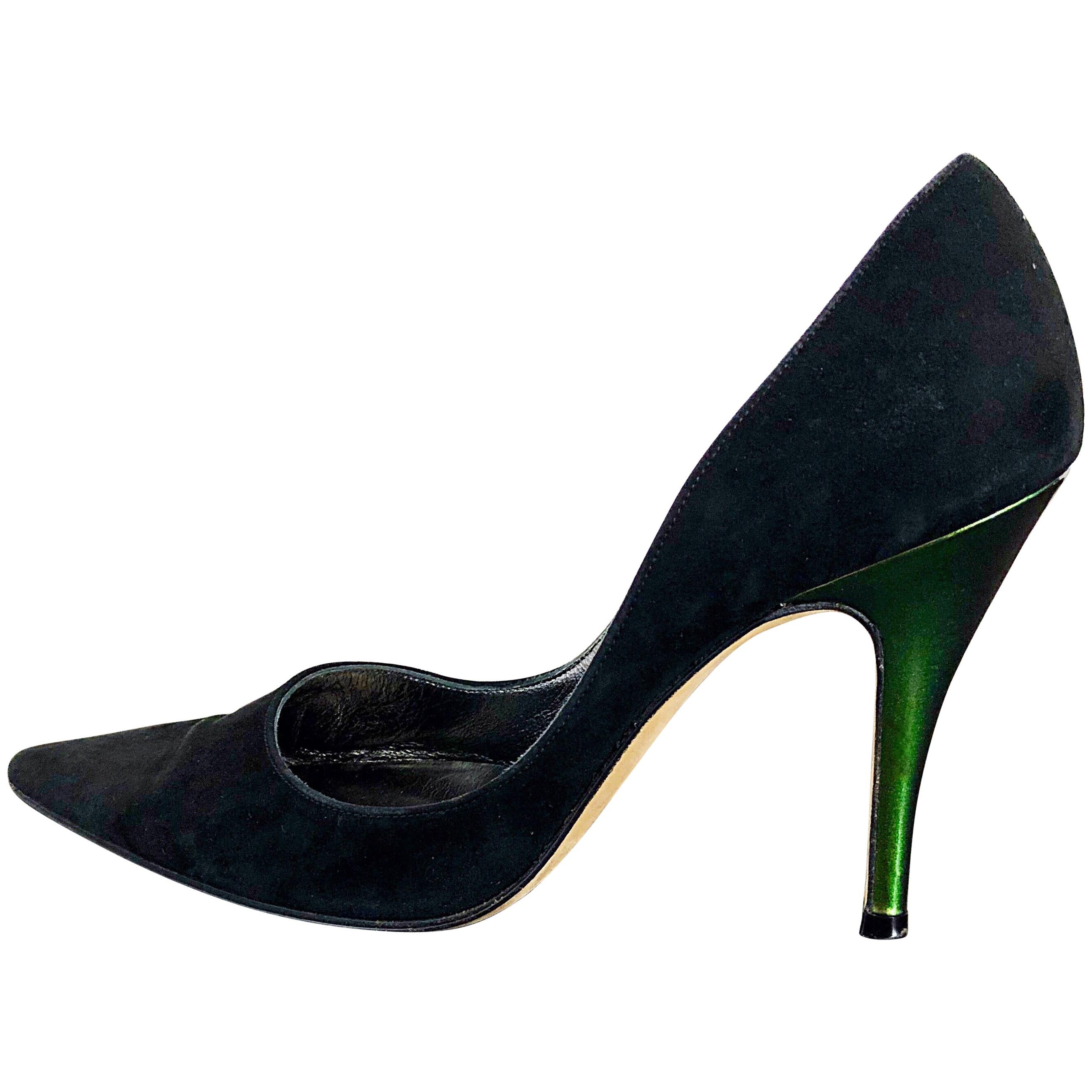 Sexy Vintage Christian Lacroix Size 37 / 7 Black + Green Suede 1990s high Heels