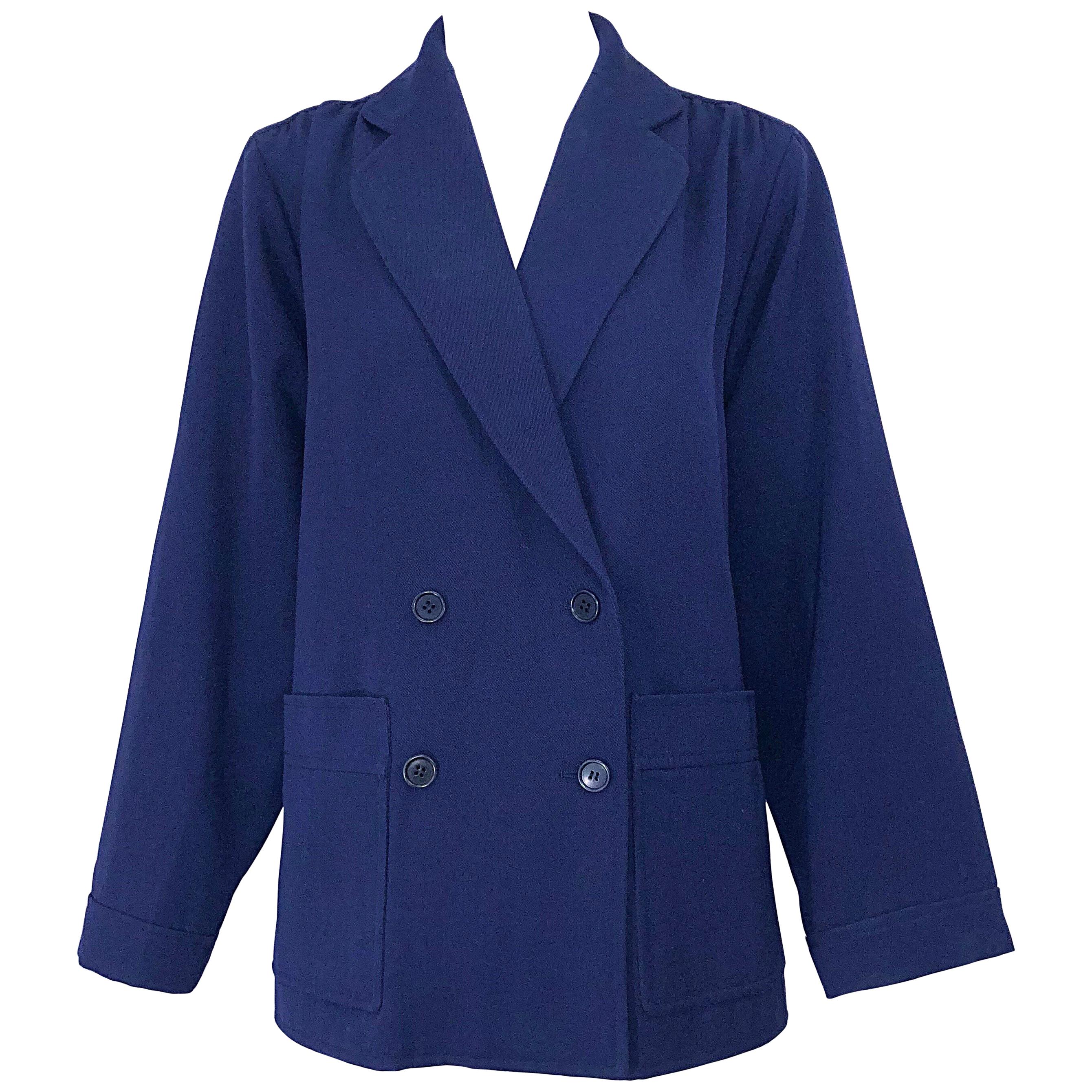 Yves Saint Laurent - Veste trapèze vintage chic en laine légère bleu marine, années 1960