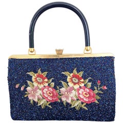 Retro Gorgeous 1950s X Large Fully Beaded Navy Blue Needlepoint 50s Tapestry Purse Bag