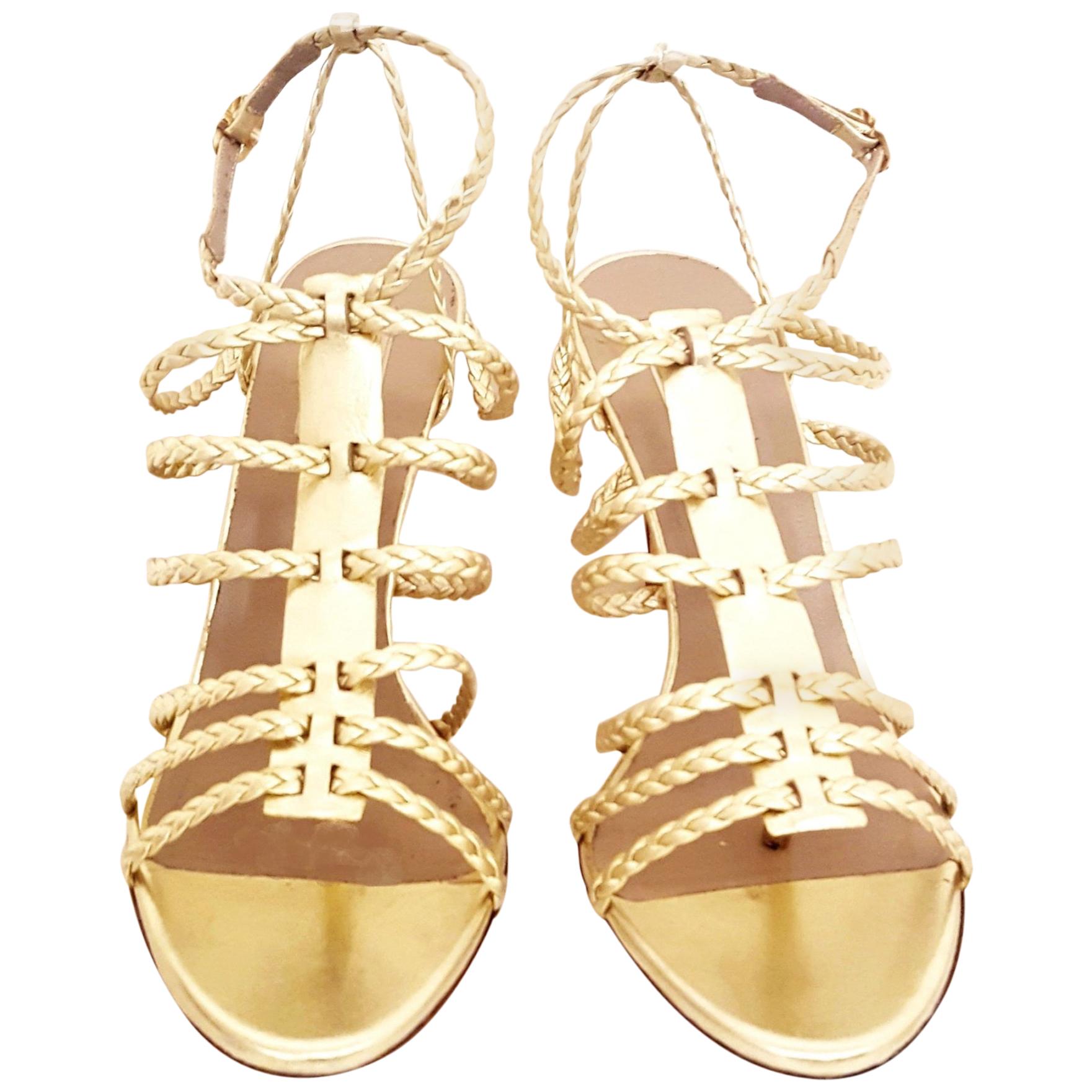 Valentino Gold Tone Braided Strappy Open Toe Sandals For Sale