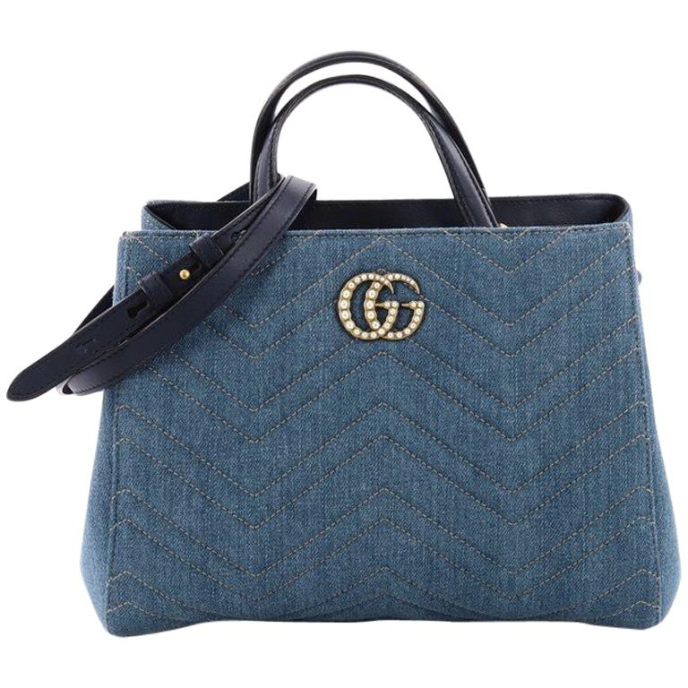 Gucci Pearly GG Marmont Tote Matelasse Denim Small 