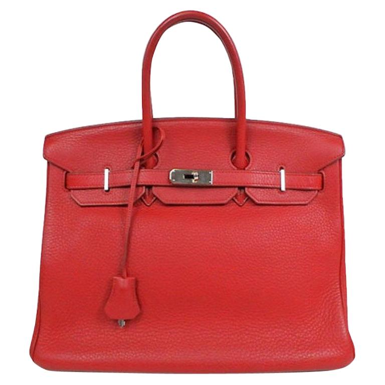 Hermes Birkin 35 Rouge Garance Clemence Leather Top Handle Satchel Tote Bag
