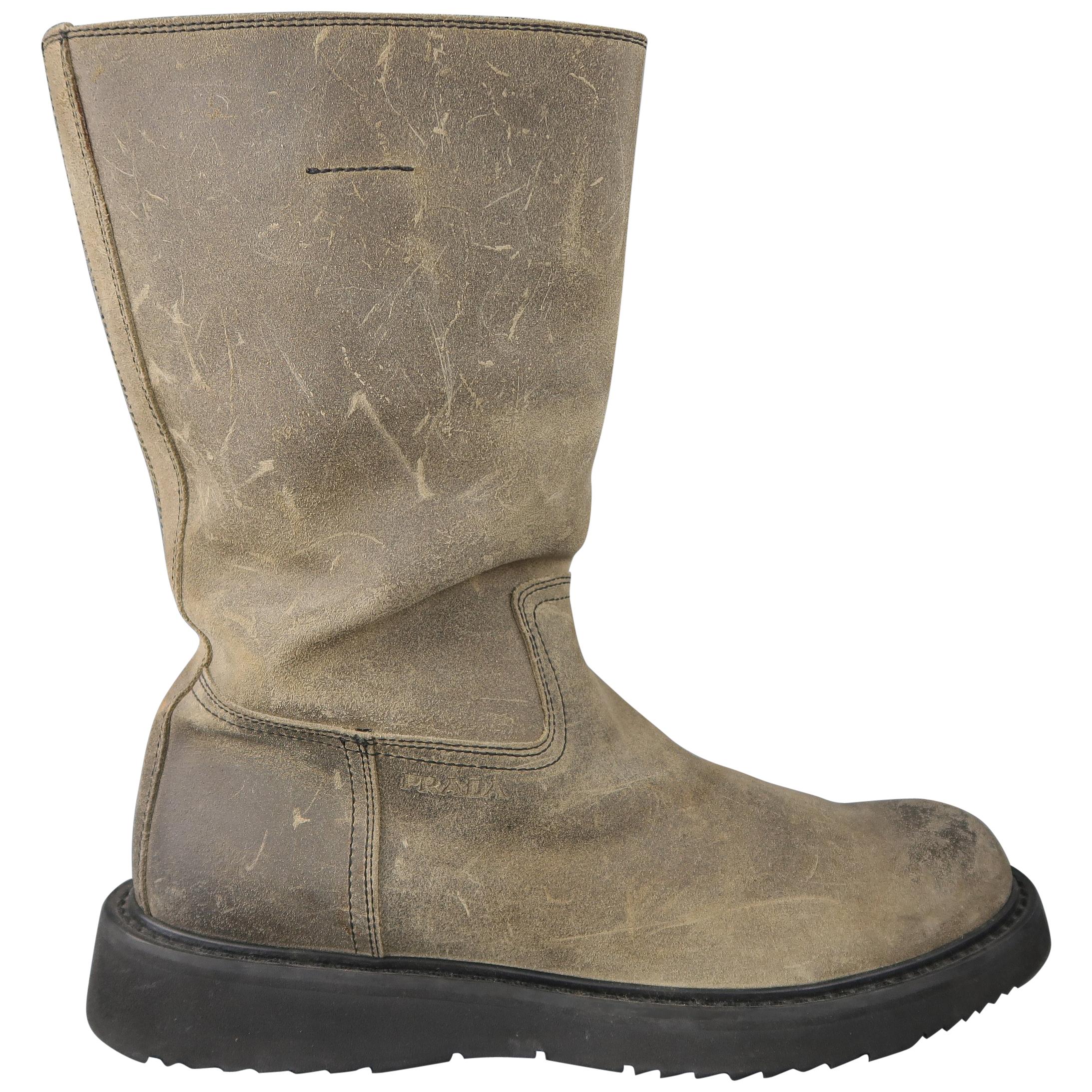 Prada Beige Distressed Suede Rubber Sole Calf Boot / Shoes