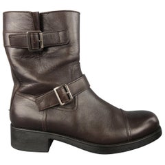 Prada Dark Brown Solid Leather Biker Boots / Shoes