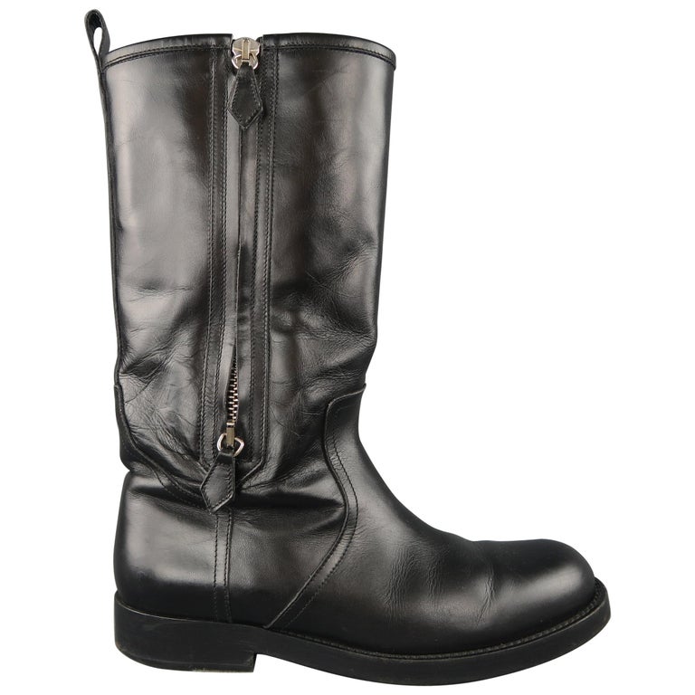 Ralph Lauren Black Leather Tall Double Zip Biker Boots / Shoes at 1stDibs