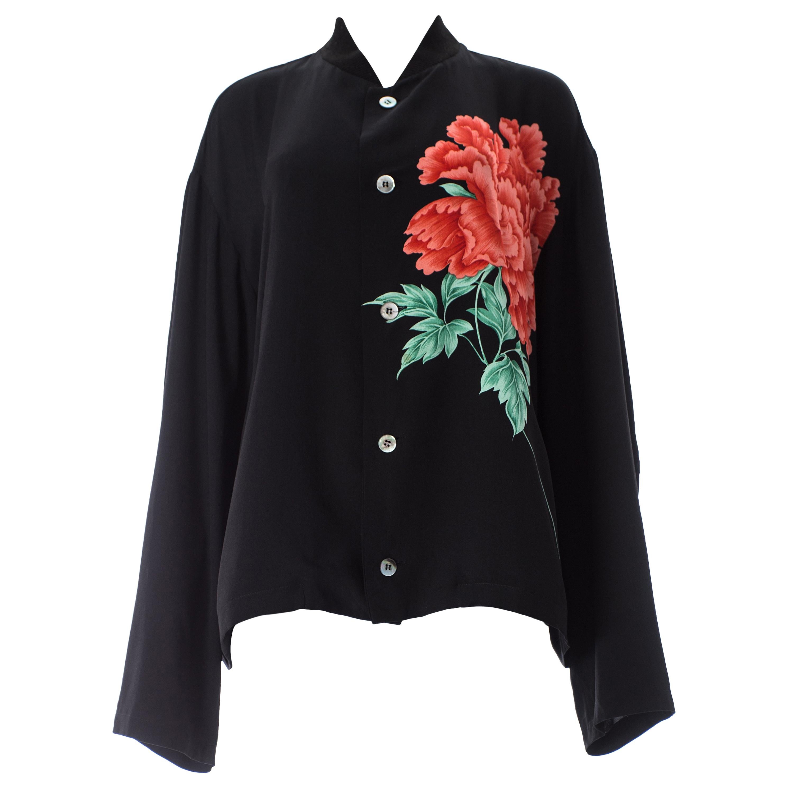 Yohji Yamamoto Pour Homme black loose cut shirt with red floral print, S/S 1996