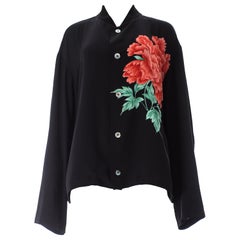 Yohji Yamamoto Pour Homme chemise noire à coupe ample avec imprimé floral rouge:: S/S 1996