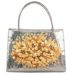 Nancy Gonzalez Frame Satchel Straw Embroidered Crocodile Small