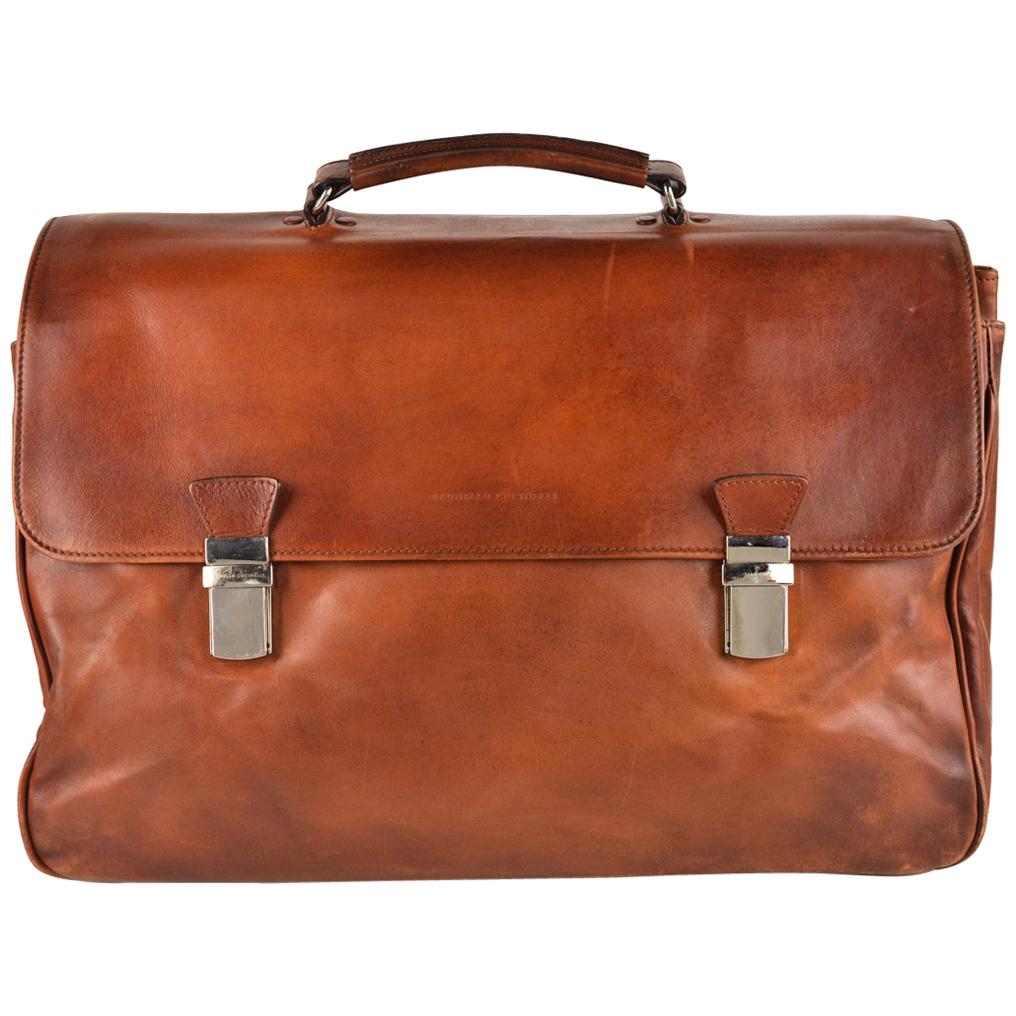 Brunello Cucinelli Men's Large Brown Leather Briefcase For Sale