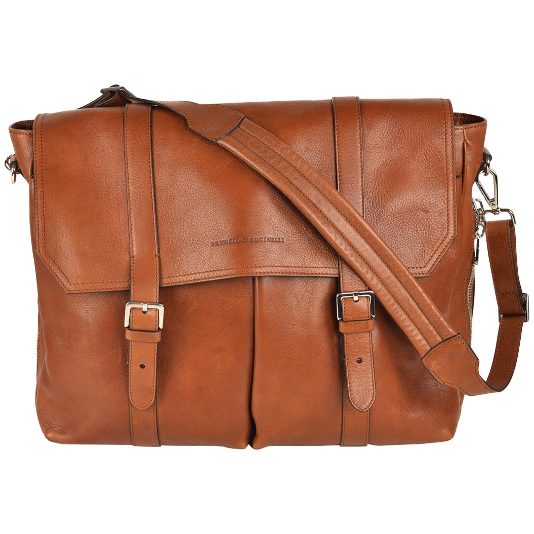 Brunello Cucinelli Large Brown Grained Leather Expandable Messenger Bag For Sale