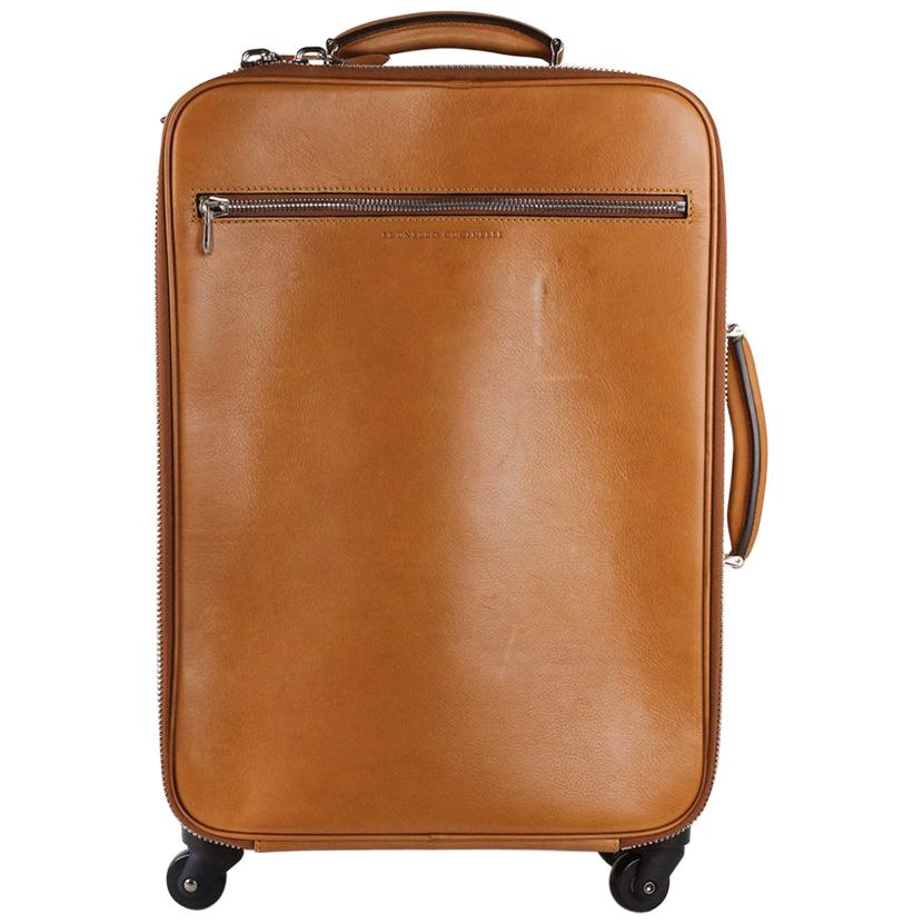 Brunello Cucinelli Cognac Brown Grained Leather Trolley Suitcase Bag