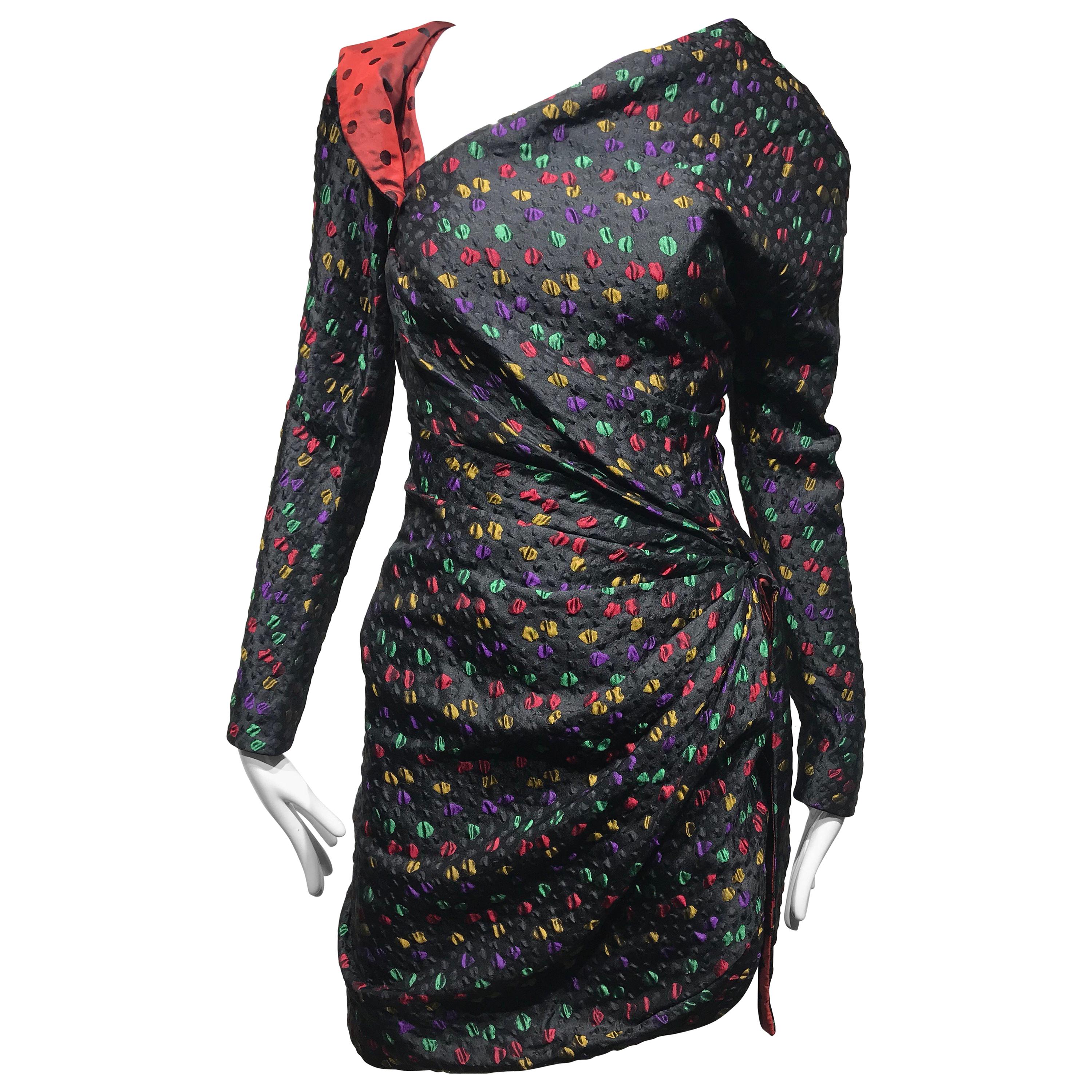 Givenchy Haute Couture Black Multi Color Dots Vintage Silk Dress For Sale  at 1stDibs