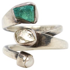 Modernist Lilly Barrack Sterling Bypass Ring- Quartz, Cultured Pearl, Apatite