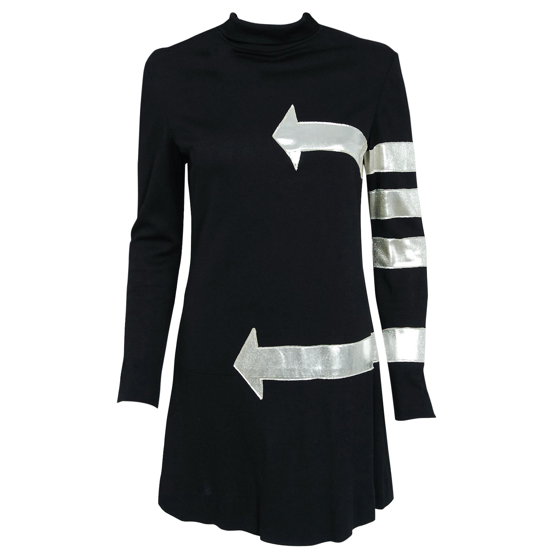 1960's Michael Mott for Paraphernalia Silver Mod Arrows Black Jersey Mini Dress