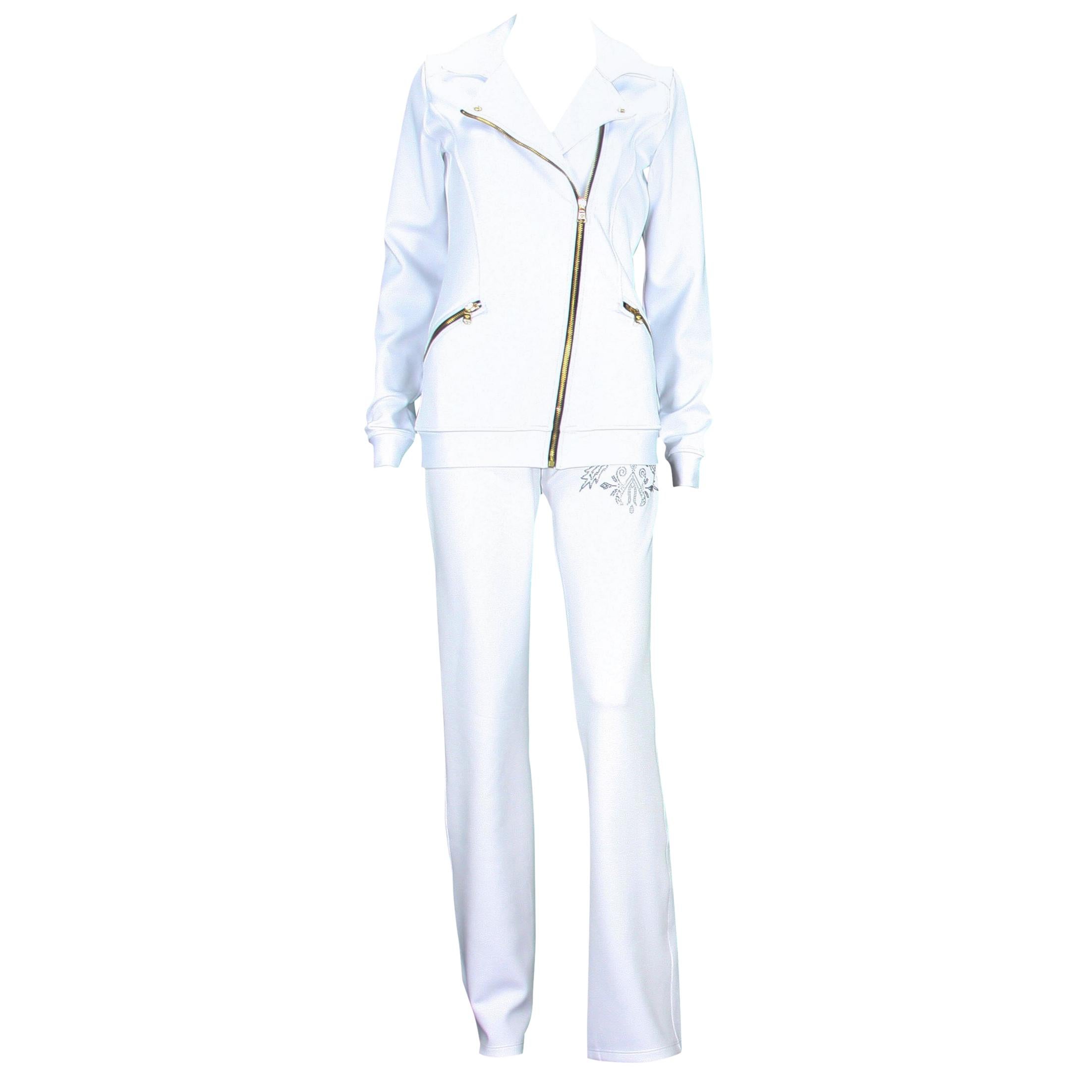 New Versace Women's White Gym Pant Suit with Crystal Embellishment  US 6 and 8 For Sale