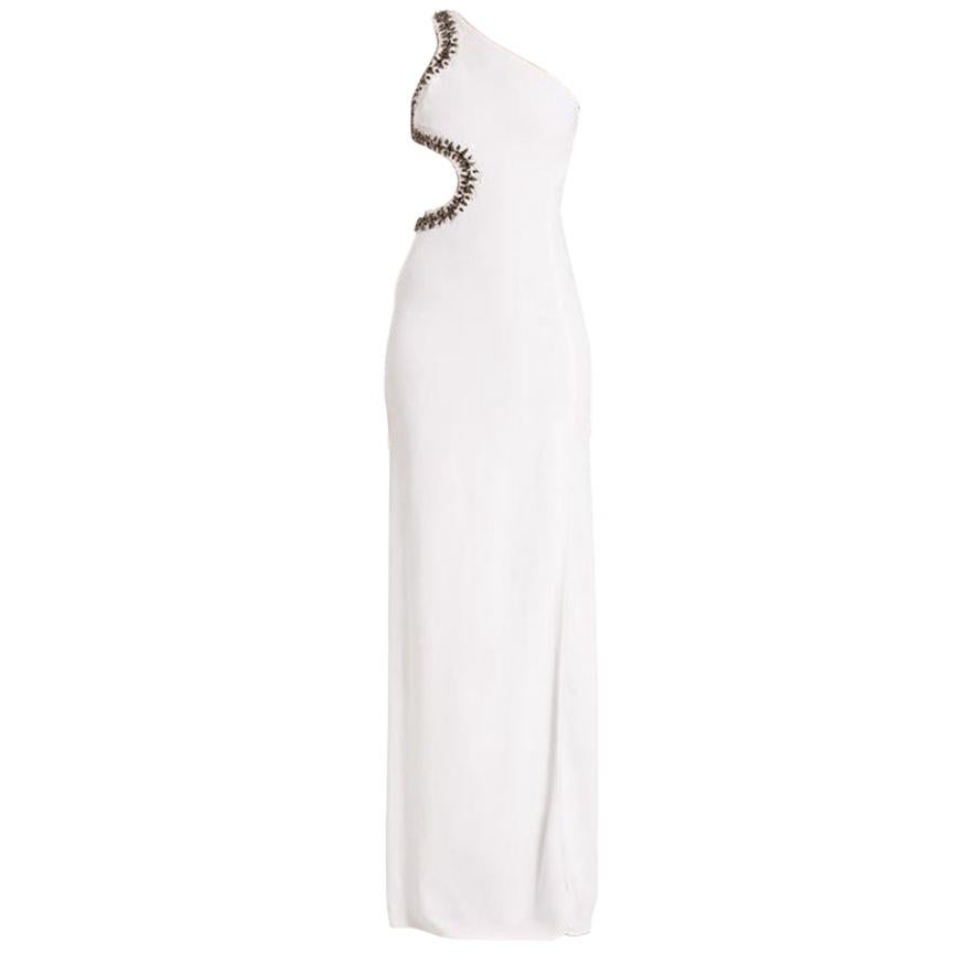 Roberto Cavalli White Embellished Cutout Asymmetric Shoulder Gown