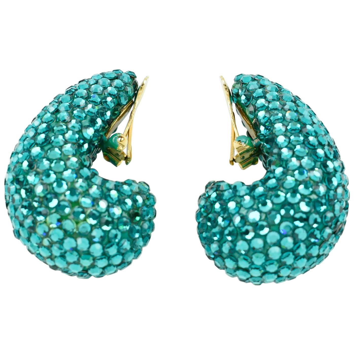 Richard Kerr 1980s Nautilus Shaped Turquoise Crystal Paved Clip on Earrings