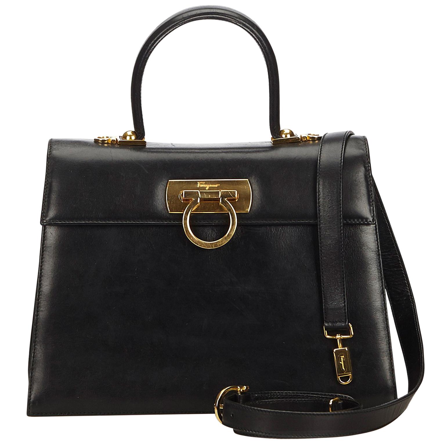 Ferragamo Black Calf Leather Gancini Satchel