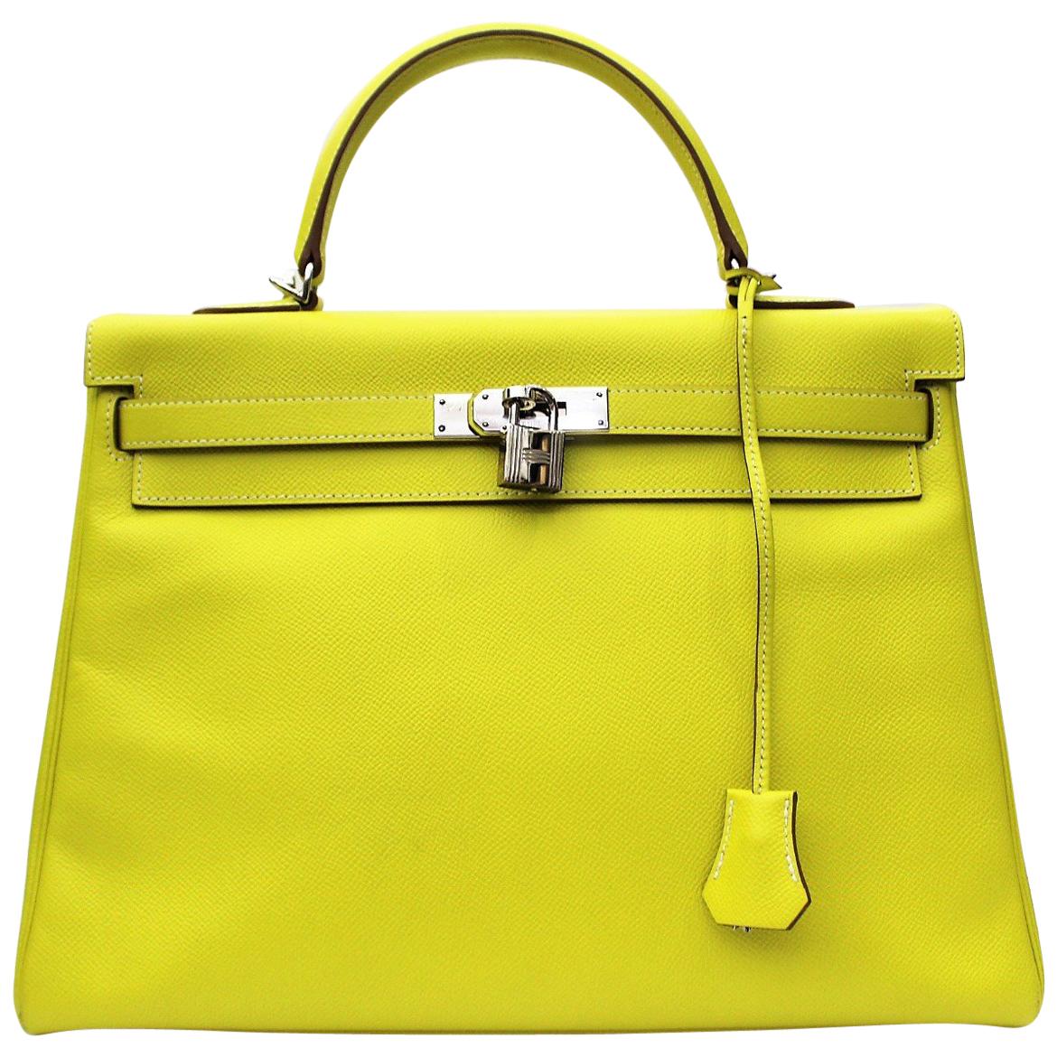 Amazing Hermès Kelly 35 handbag with strap in epsom yellow lemon