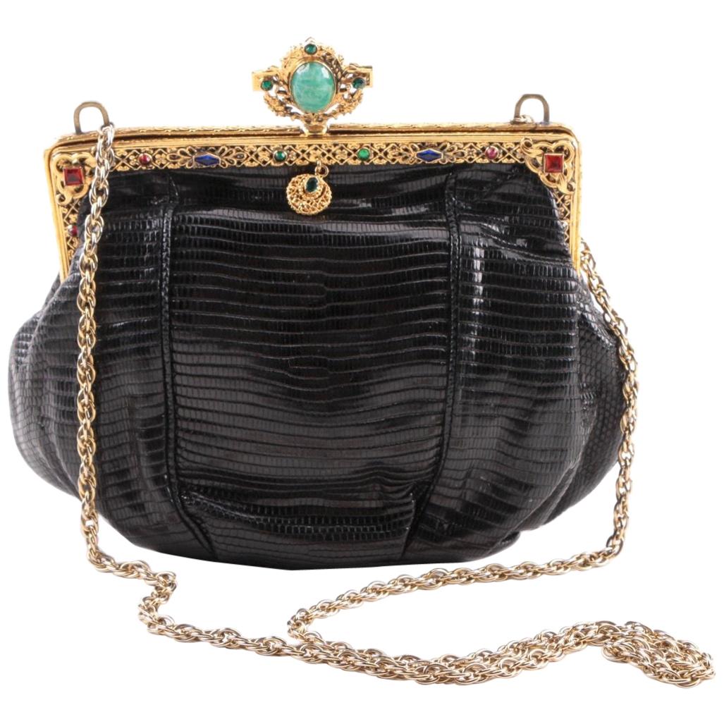 Jeweled 22K Gold Plate c.1925 Handbag Frame Black Lizard Evening Bag , a Treasure For Sale