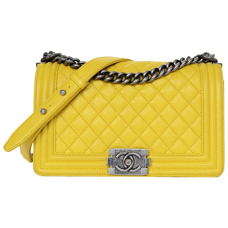 Chanel Yellow Calfskin Leather Quilted Medium Boy Flap Bag For Sale at