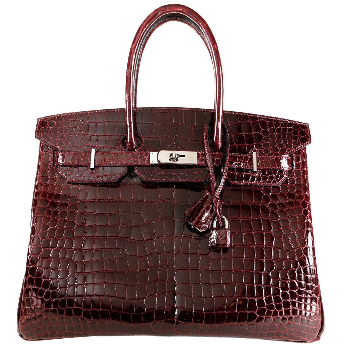 Hermès Bordeaux Porosus Crocodile 35 cm Birkin Bag