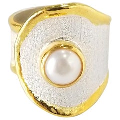 Yianni Creations 7MM Pearl Fine Silver 24 Karat Yellow Gold Artisan Ring