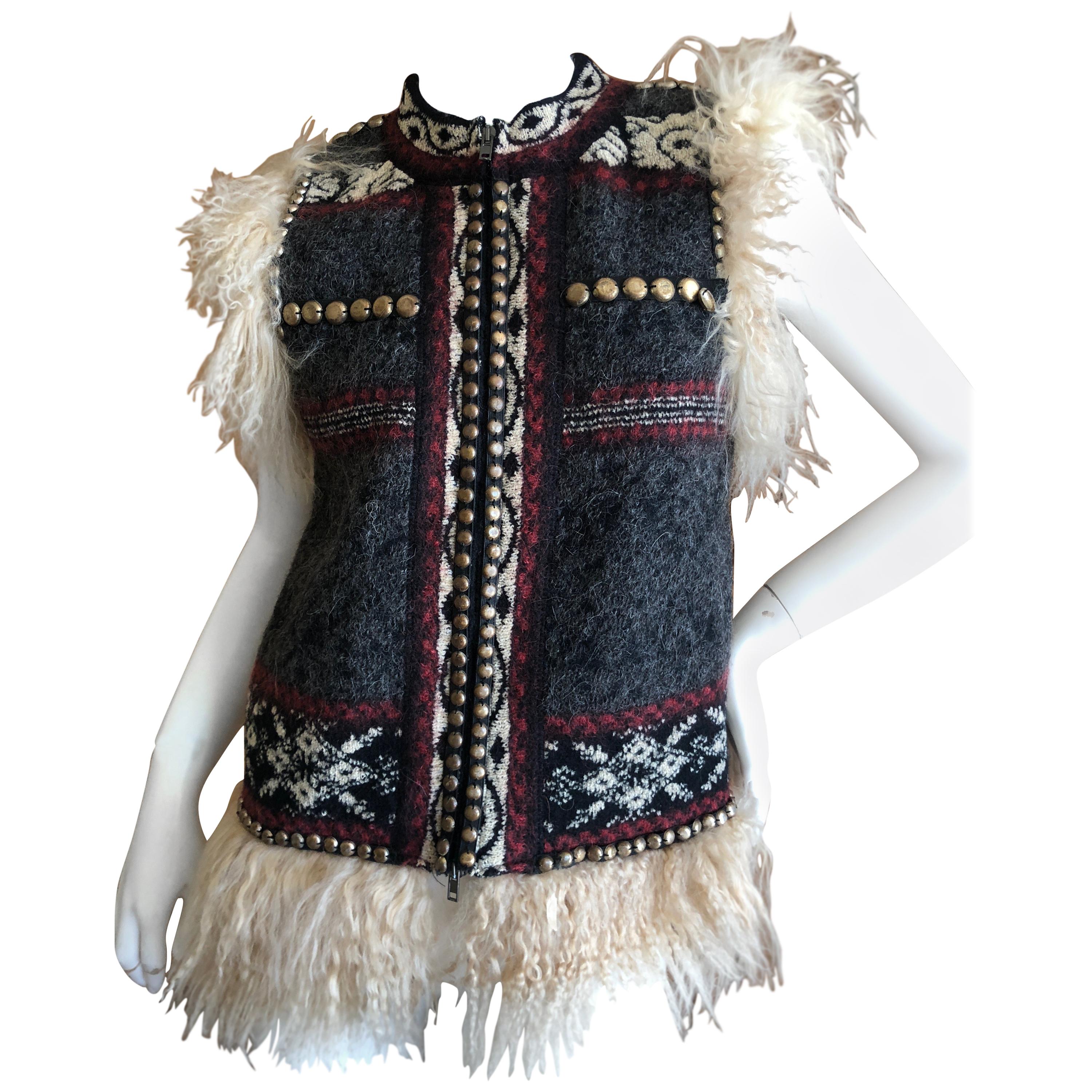 Jean Paul Gaultier Maille Femme Studded Boho Ethnic Vest with Curly Lamb Trim For Sale