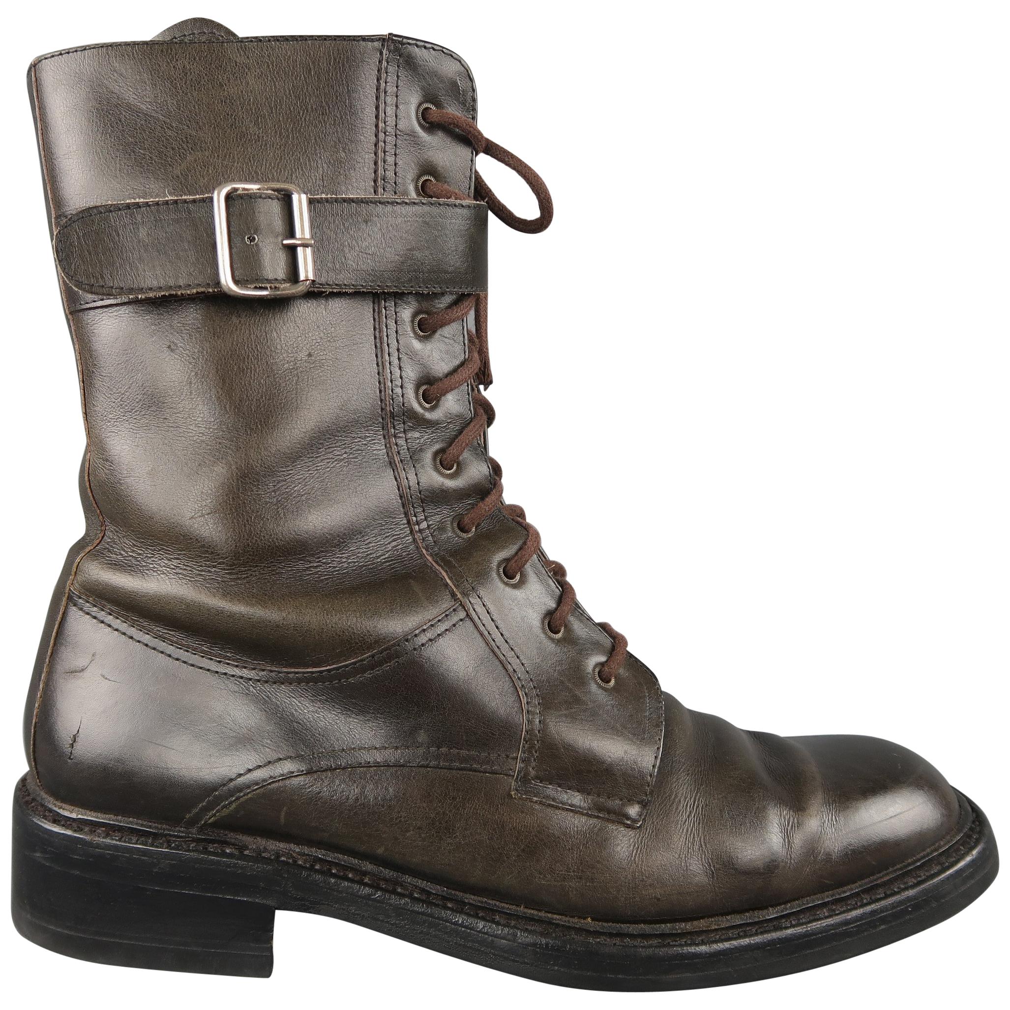 Prada Taupe Leather Ankle Strap Combat Boots / Shoes