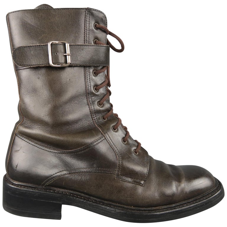 Prada Taupe Leather Ankle Strap Combat Boots / Shoes at 1stdibs