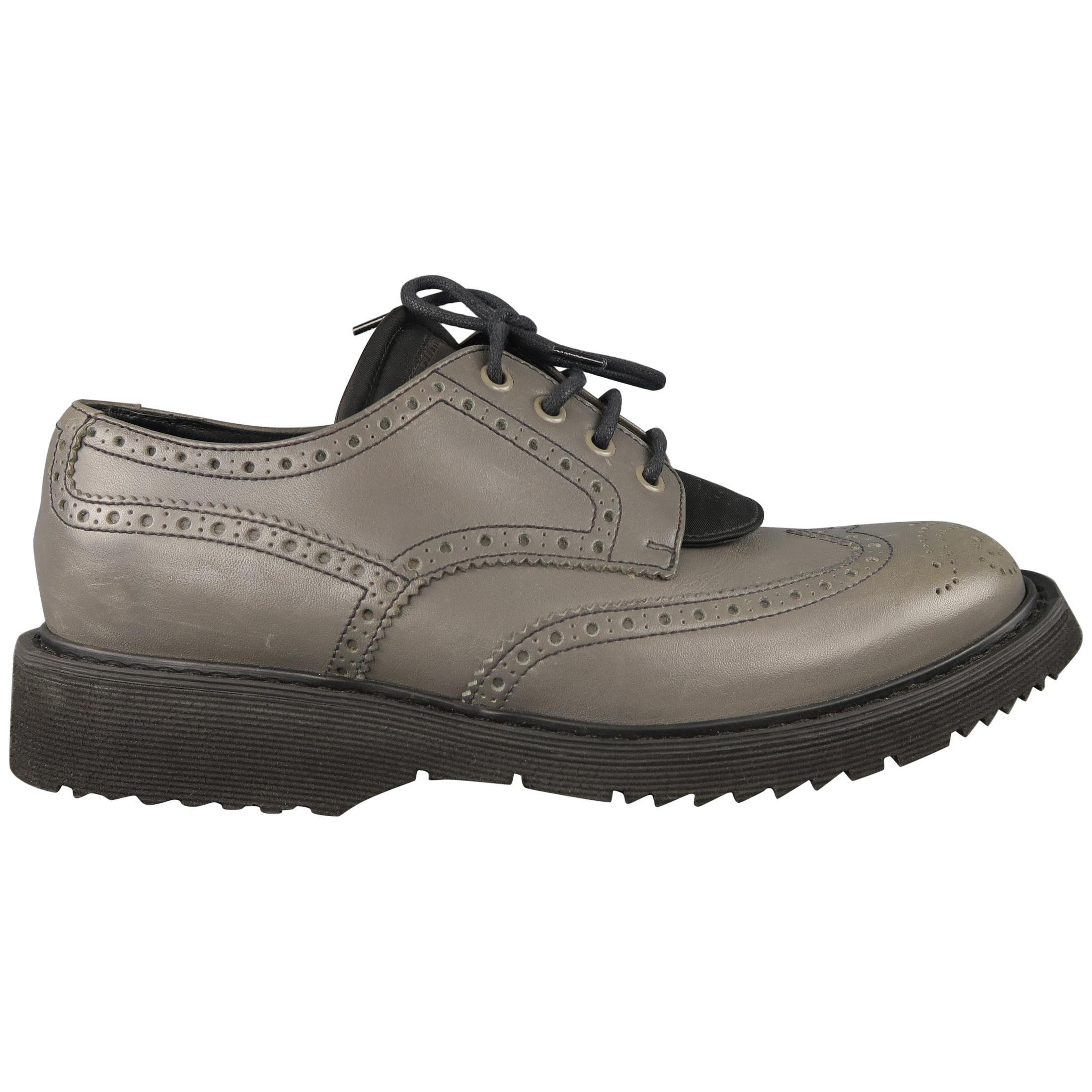 Prada Grey Leather and Nylon Wingtip Lace Up Shoes 