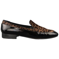 Jimmy Choo Black and Brown Leopard Print Pony Hair Patent Leather Loafers  
