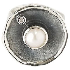 Yianni Creations Pearl and Diamond Fine Silver and Oxidized Rhodium Round Ring