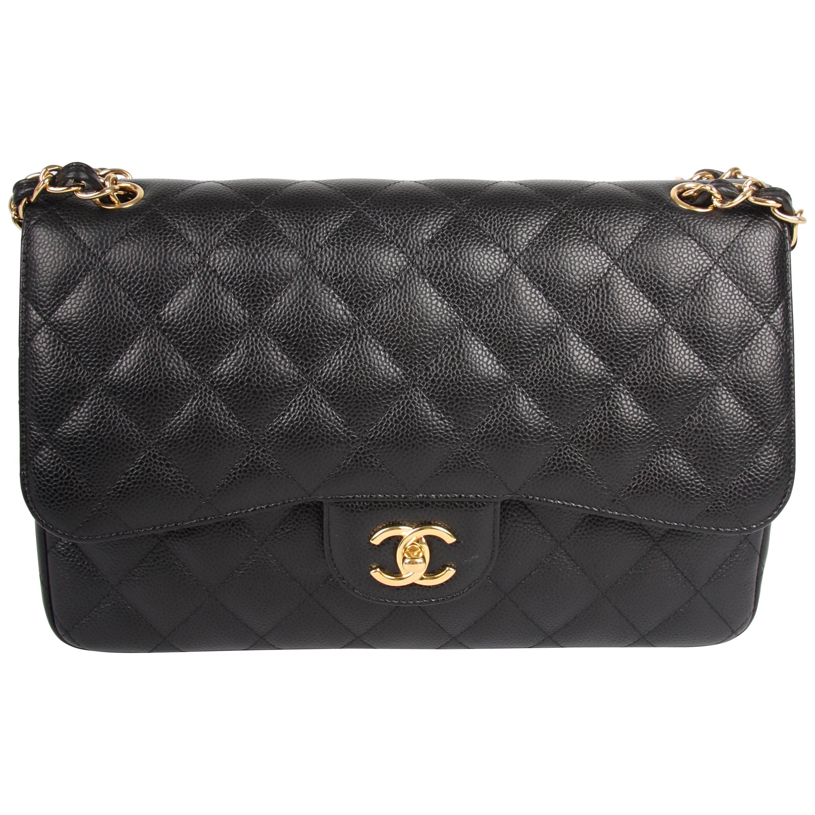 Chanel 2.55 Timeless black caviar leather Jumbo Double Flap Bag 