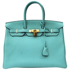 Hermès Blue Atoll Togo Gold Hardware Top Handle Birkin 35 Bag