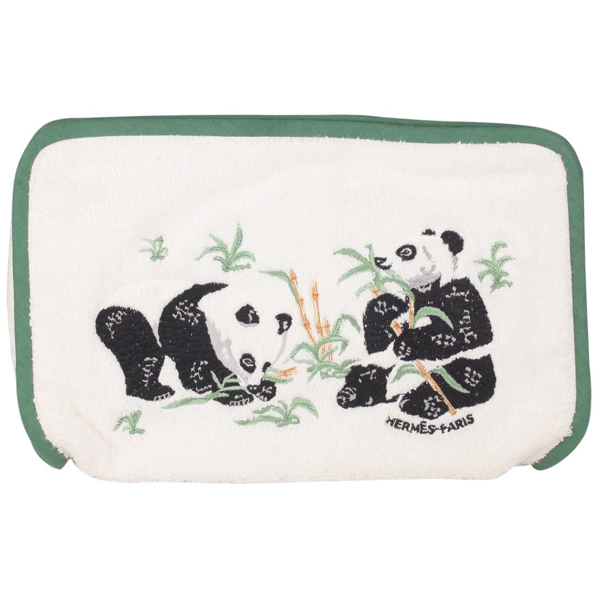 Hermes Paris White Terry Cloth Cotton Cosmetic Bag with Panda