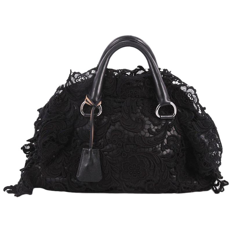 Prada Pizzo S Bowler Bag Lace and Leather Large