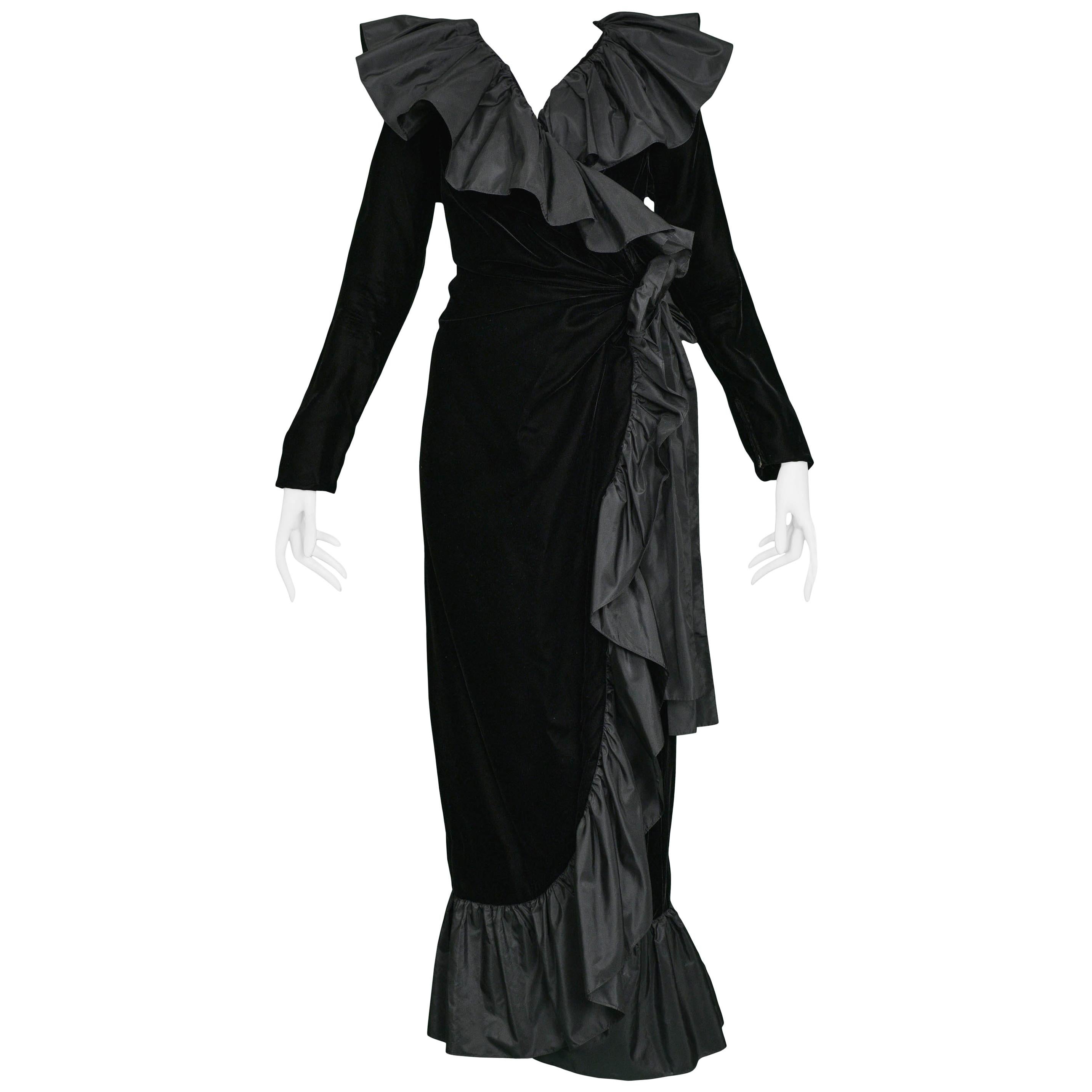 Yves Saint Laurent Black Taffeta Ruffle Gown, 1980s 