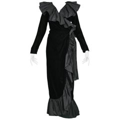 Yves Saint Laurent Black Taffeta Ruffle Gown, 1980s 