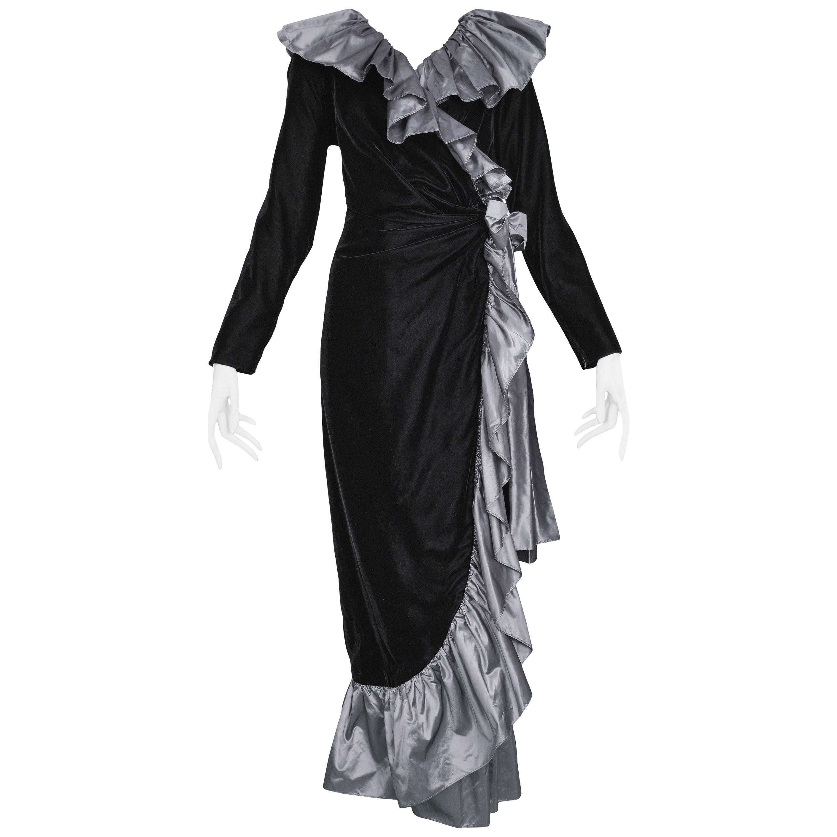 Yves Saint Laurent Silver Taffeta Ruffle Gown, 1980s For Sale